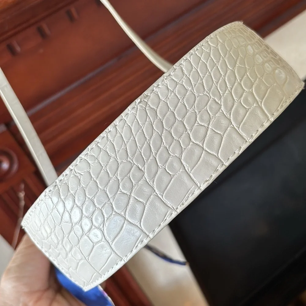 A New Day Cream Faux Crocodile Structured Crossbody Purse w/ Blue Nautical Twill - Picture 9 of 15